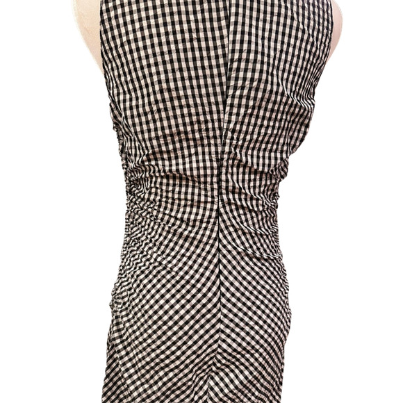 Zara Black & White Gingham Check Ruched High Back Slit Bodycon Dress Small - Picture 7 of 8